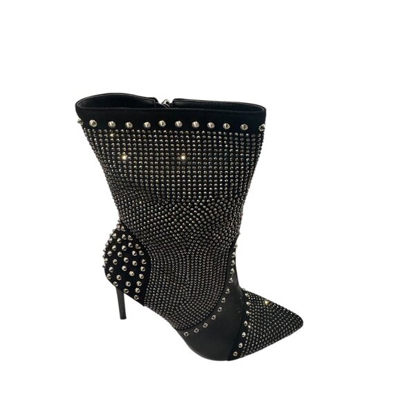 Azalea Wang Studded Stiletto Ankle Boots Black Rhinestone Pointed Toe High Heel - Picture 5 of 5